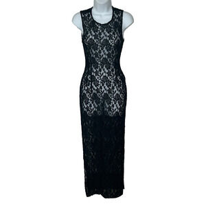 Black Lace Maxi Dress XS Vtg Bebe Overlay Witchy Whimsigoth Y2K Slits Zipper